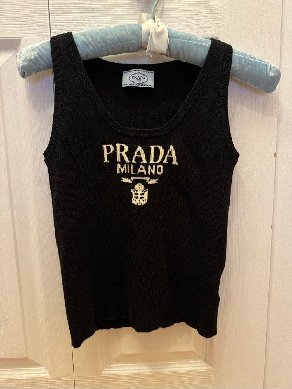 Prada Black Knit Logo Tank with Cream Milano Emblem